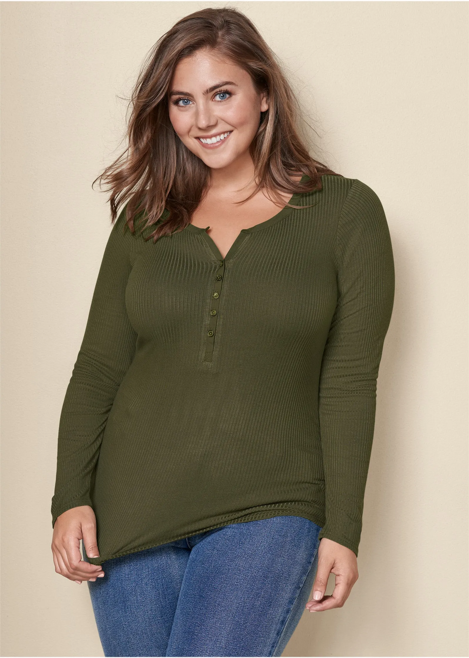 Ribbed Henley Top - Olive