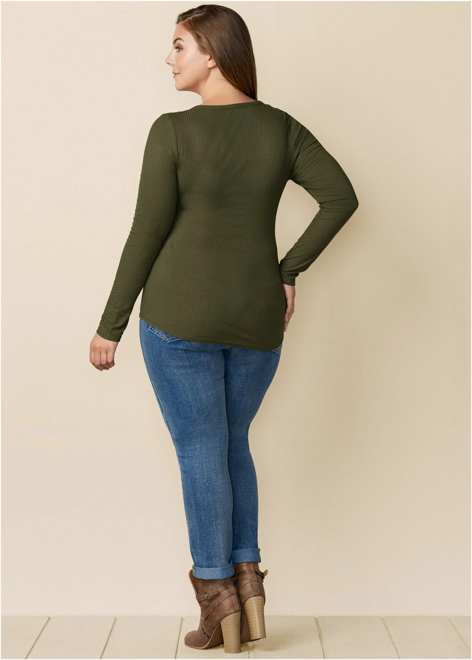 Ribbed Henley Top - Olive