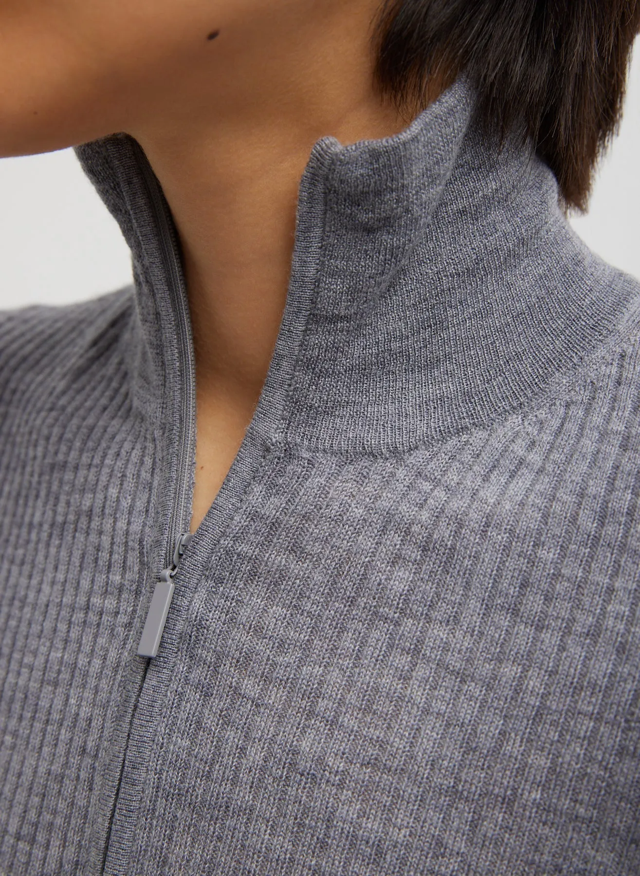 Ribbed Turtleneck Zip Up Sweater in Grey by Tibi