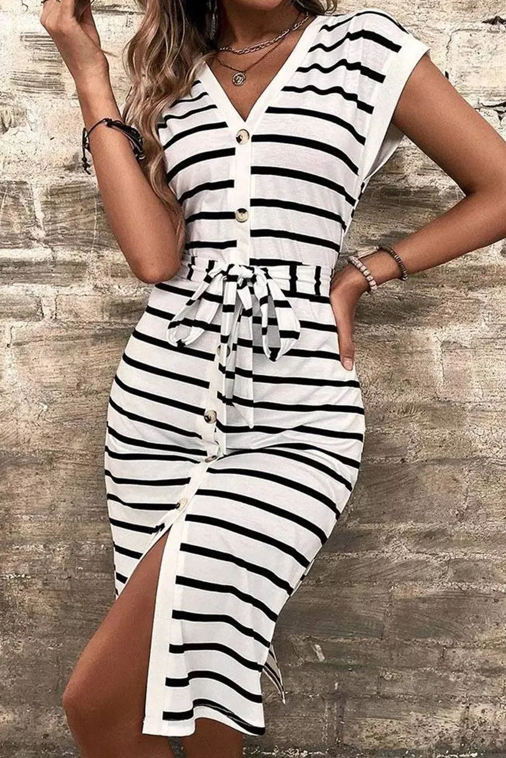 Striped Button Slit Tie V-Neck Midi Dress: Striped