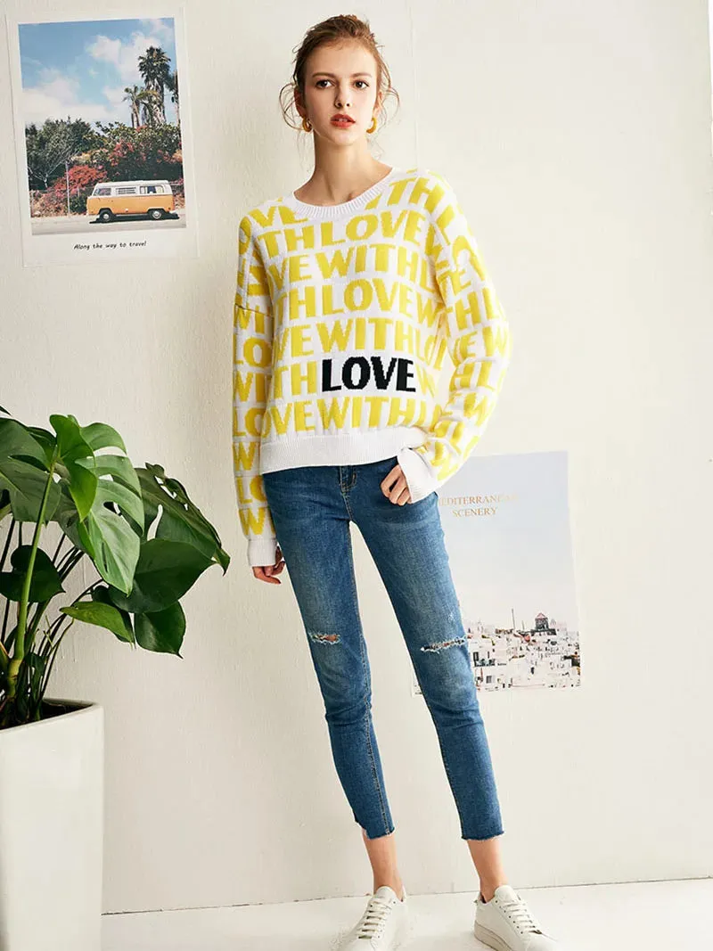 Thick Women Yellow Love Letter Jacquard Sweaters and Pullovers High Quality Knitted O-Neck Autumn Winter Sweet Top  C-028