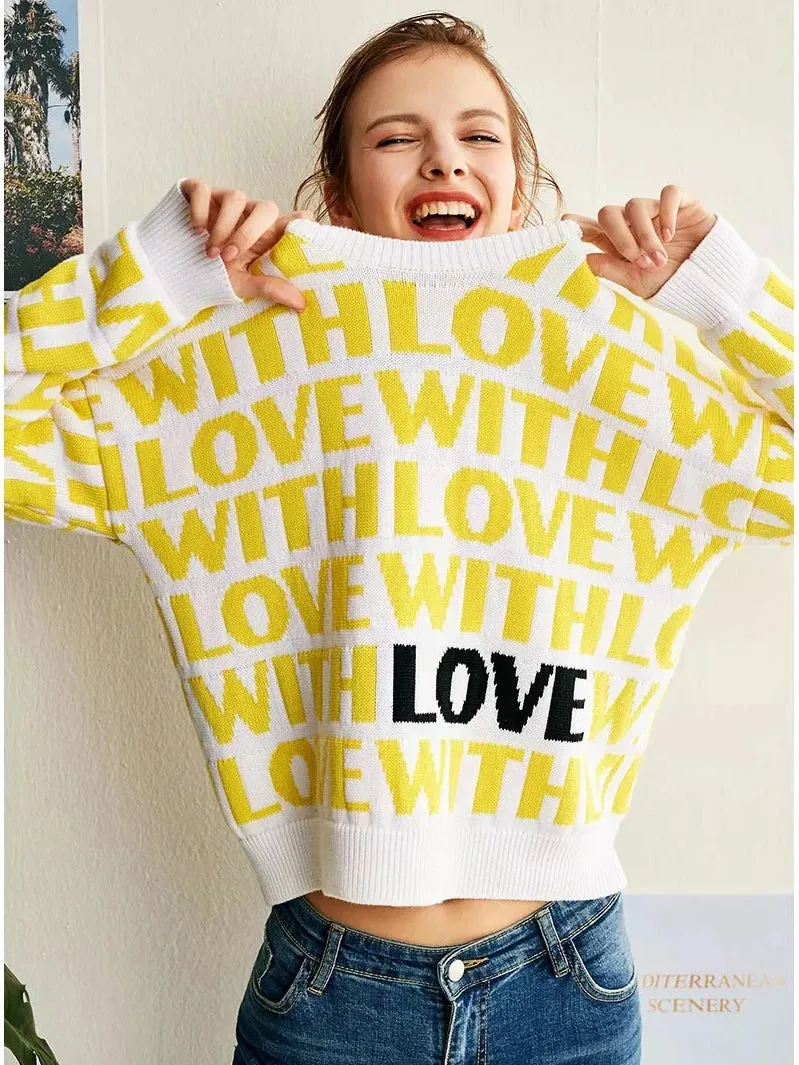 Thick Women Yellow Love Letter Jacquard Sweaters and Pullovers High Quality Knitted O-Neck Autumn Winter Sweet Top  C-028