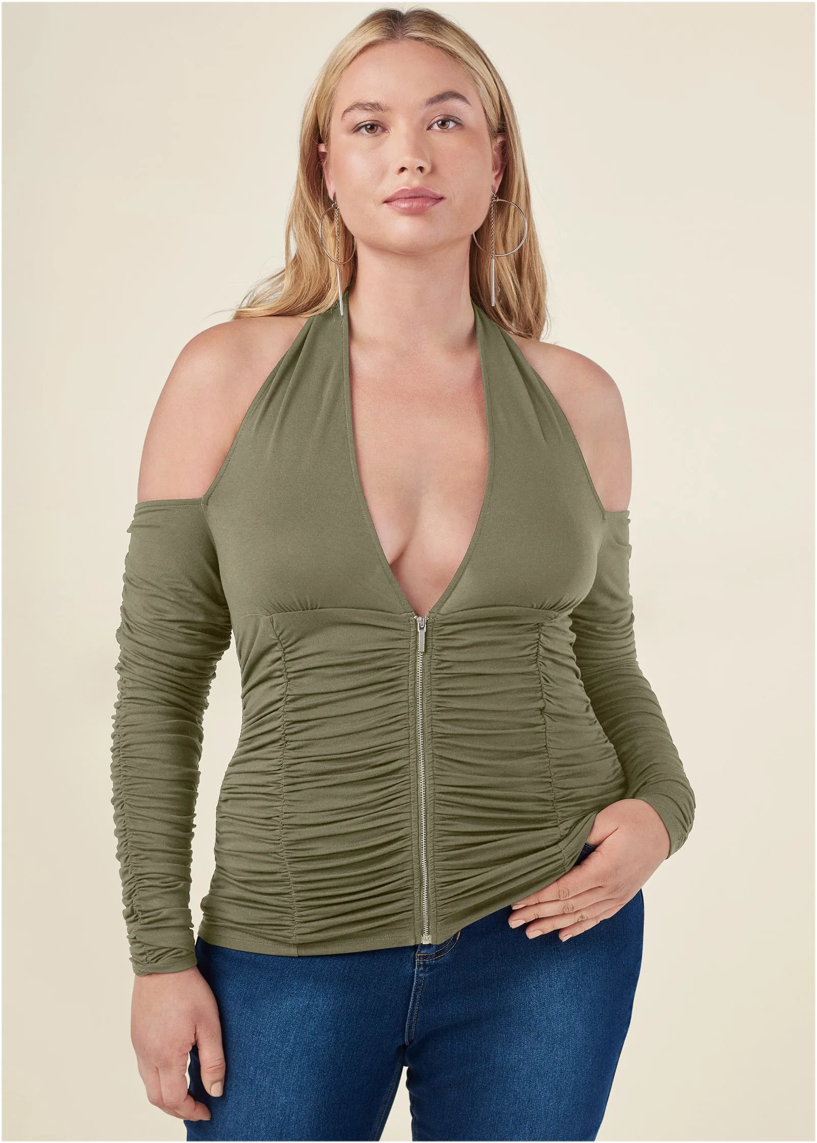 Zip-Up Ruched V-Neck Top - Olive