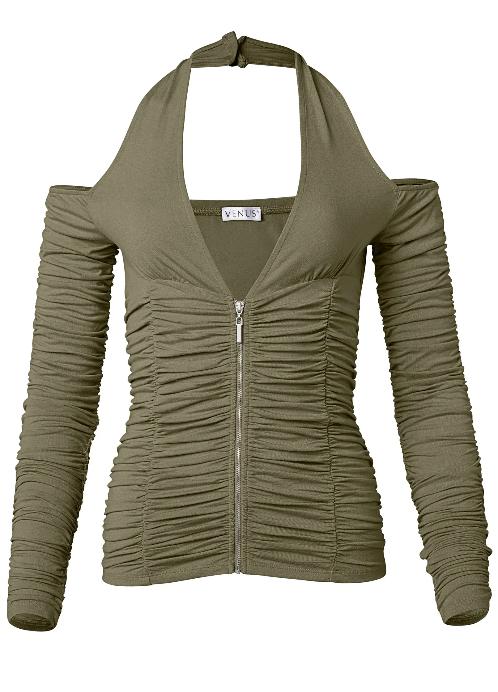 Zip-Up Ruched V-Neck Top - Olive