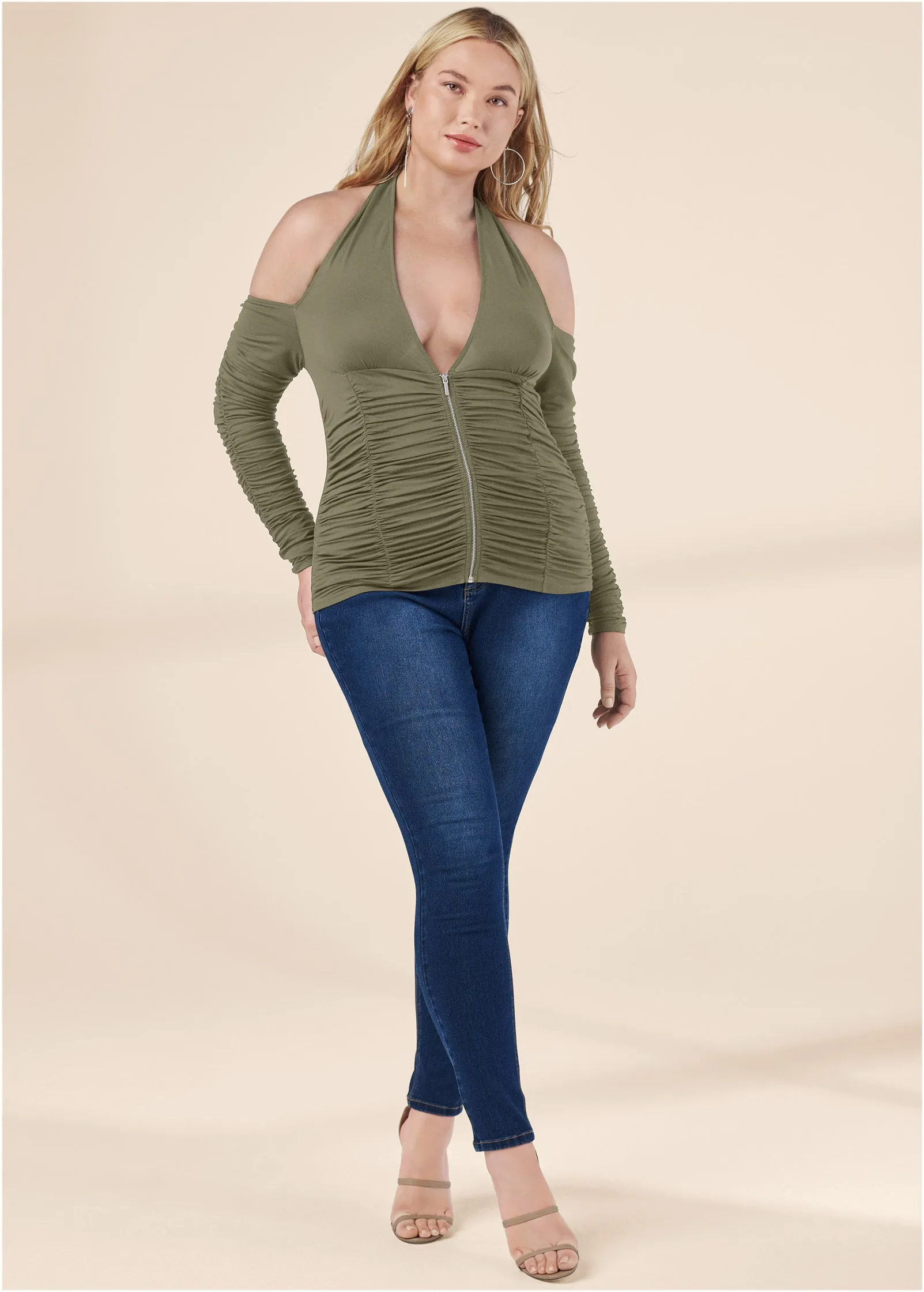 Zip-Up Ruched V-Neck Top - Olive