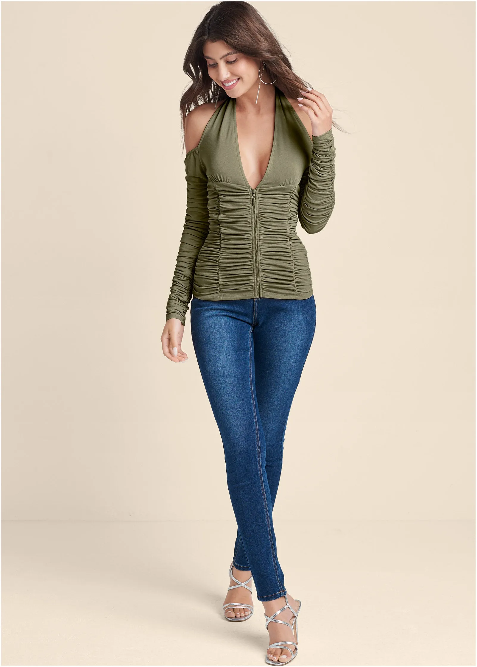 Zip-Up Ruched V-Neck Top - Olive